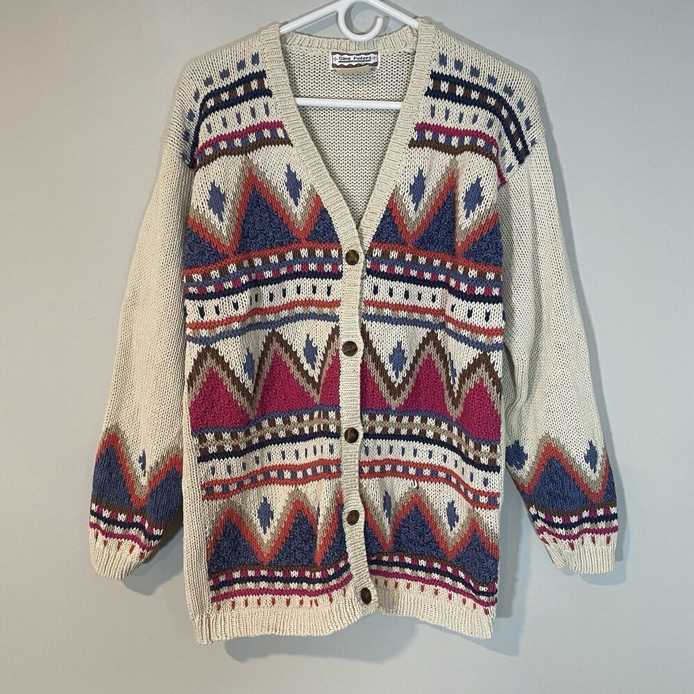 Gina Peters Womens Sweater Cardigan Colorful  Sz L Button Aztec Geometric Nordic